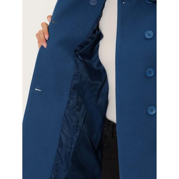 Women's Dark Grey Blue Peter Pan Collar Double Breasted Winter Long Trench Coat - Picture 5 of 5